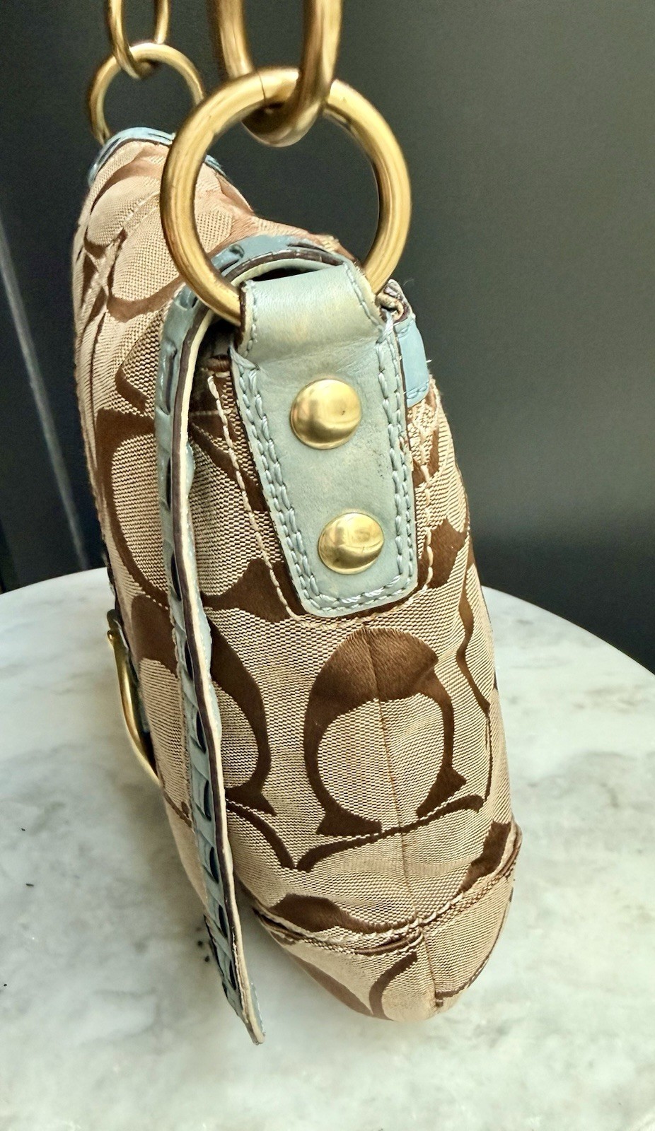 Coach Soho Signature Buckle Flap Shoulder Bag Khaki & Blue 11890 Y2K