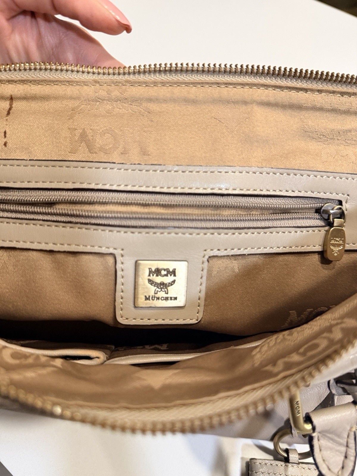 MCM Gray Logo Satchel Top Handle Zip Lined Inner Pockets Buckle Charm Gold