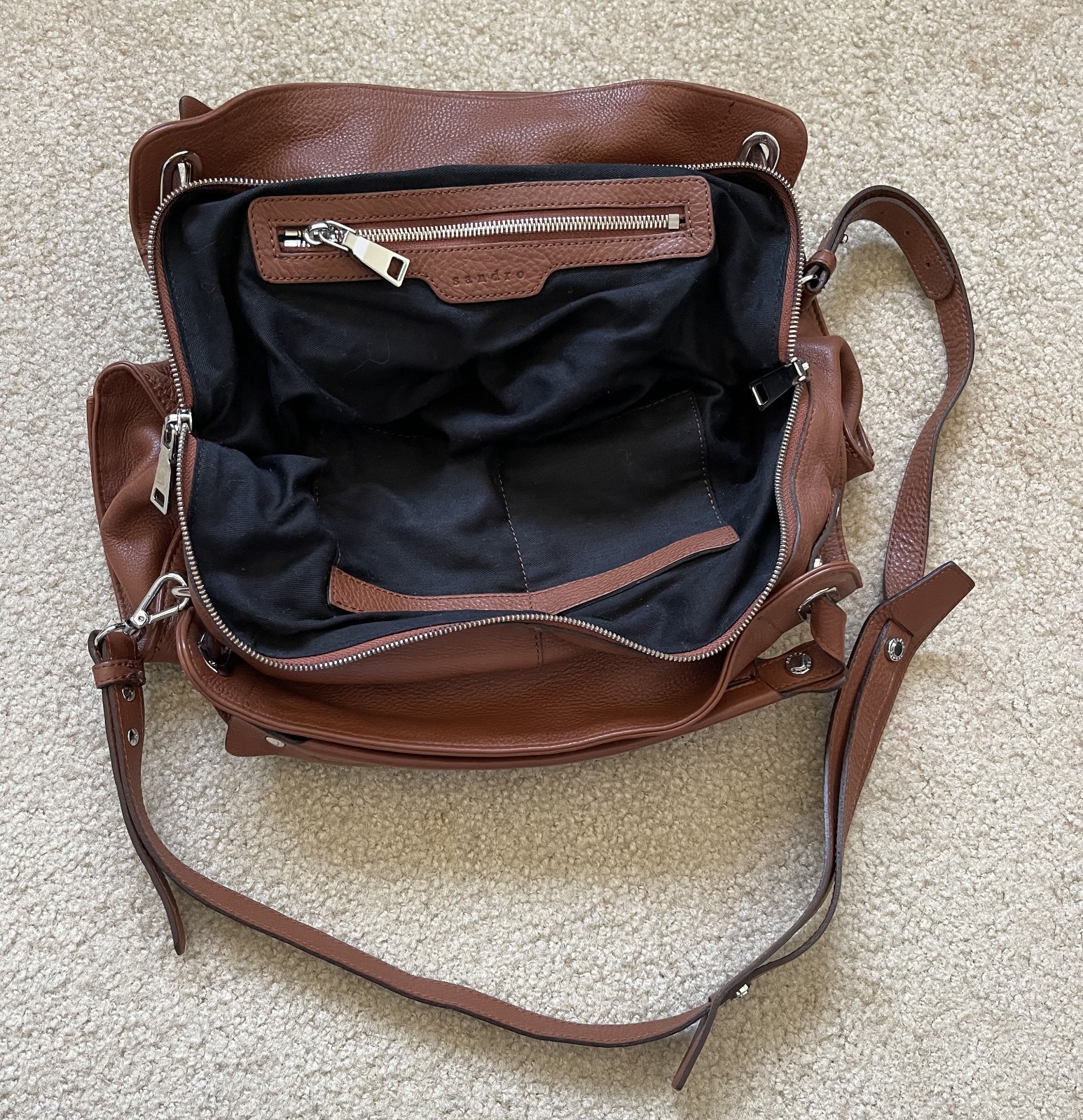 Nice SANDRO Brown Pebbled Leather Suede Detail Shoulder Hand Carry Bag NY FreePU
