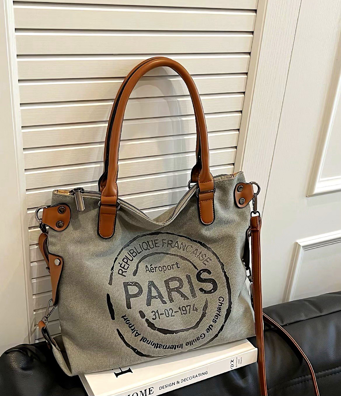 Gray Paris Graphic Print Tote Bag Zip Top Handle Detachable Crossbody Strap