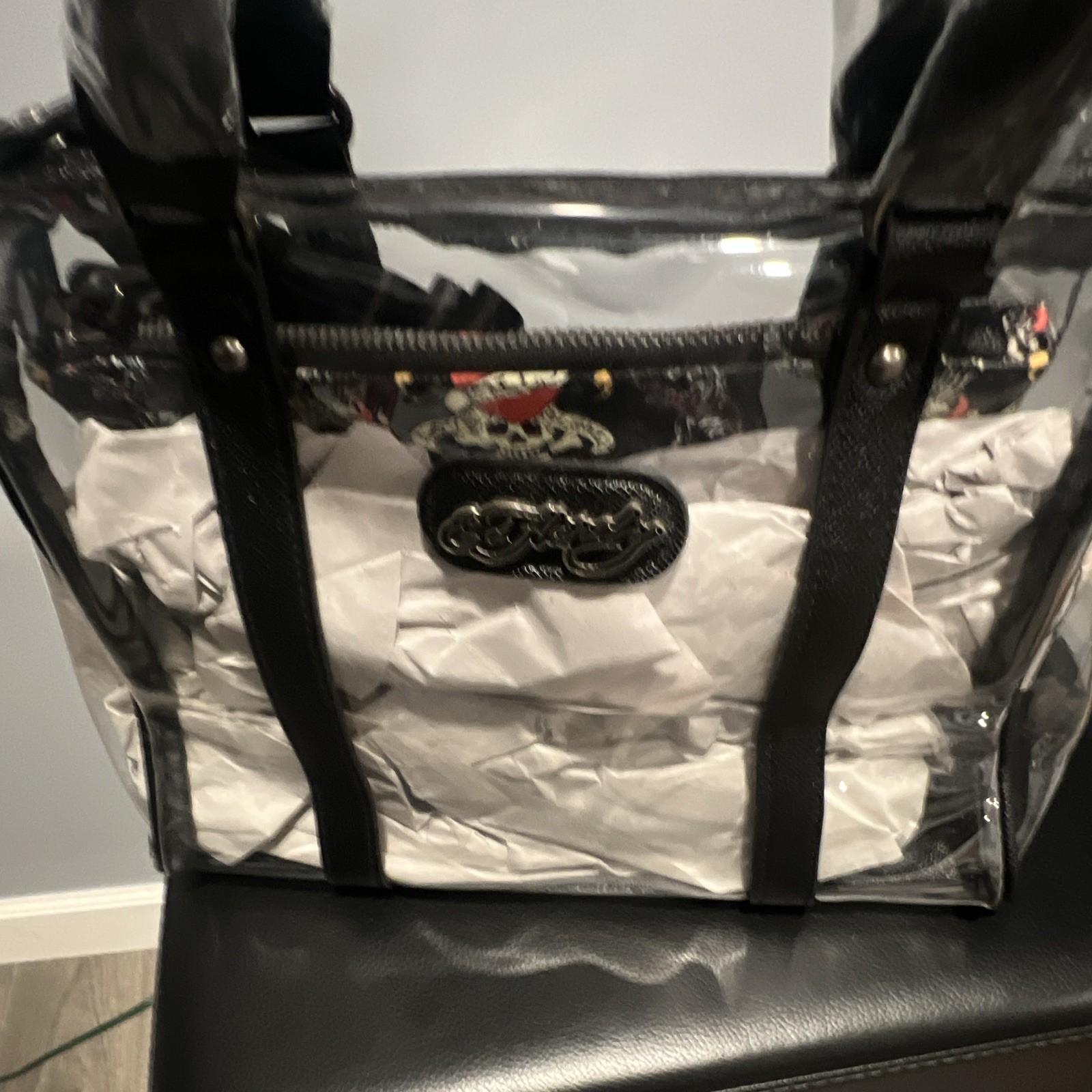 Ed Hardy Clear/Black Large Tote Zip Top w/ Detachable Strap & Tattoo Pouch