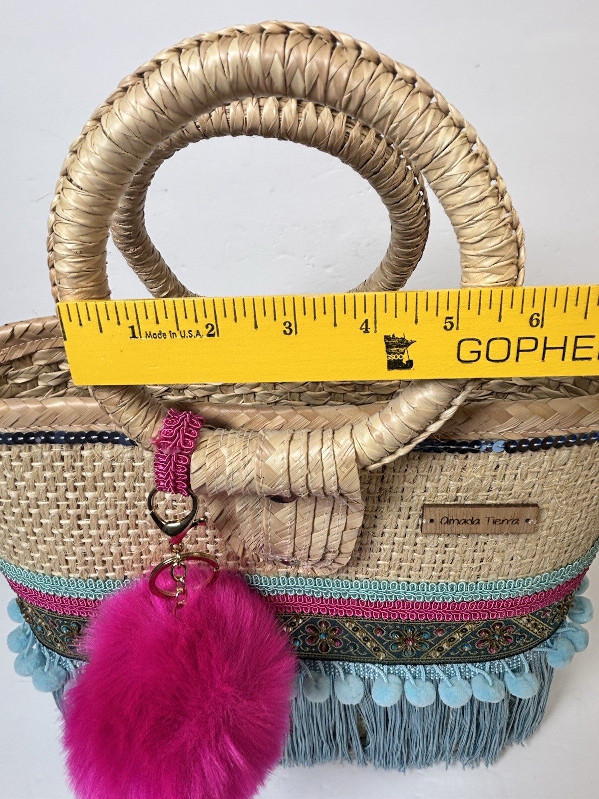 Amanda Tierra Straw Tote Beach Bag Purse Fridge Pom Pom Artisan Bohemian 13×11