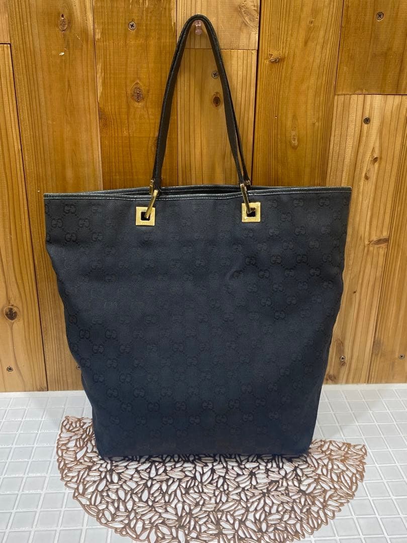 GUCCI Canvas Tote Bag Black Women Auth 14.17 x 12.20 x 4.33inch