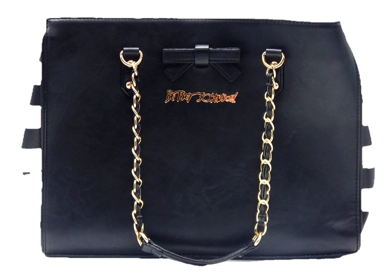 Betsey Johnson Black White Side Striped Handbag Double Chain Handle Satchel Tote