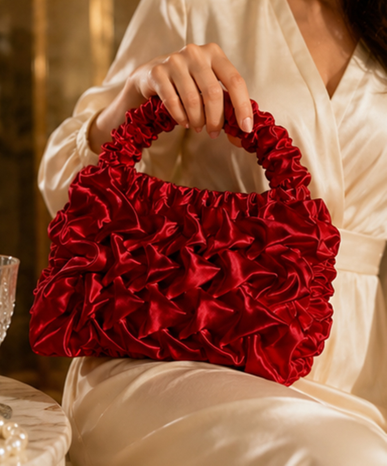 Red Satin Ruffle Handbag, Elegant Ruched Evening Bag, Luxury Bridal Clutch Purse
