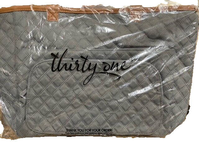 Thirty One Double Take Tote in Grey Quilted Diamonds and Reversible to Woodblock