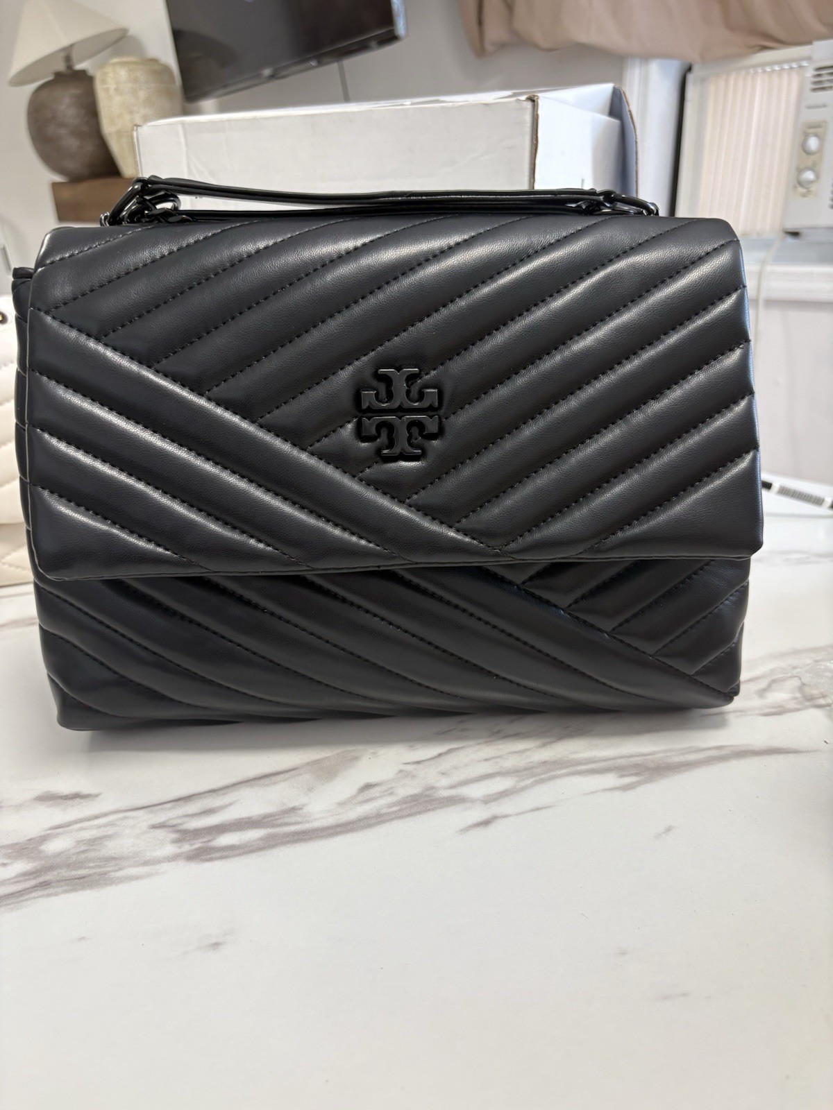 Tory Burch Black Chevron Quilted Medium Shoulder Bag, Logo Chain Strap Zip