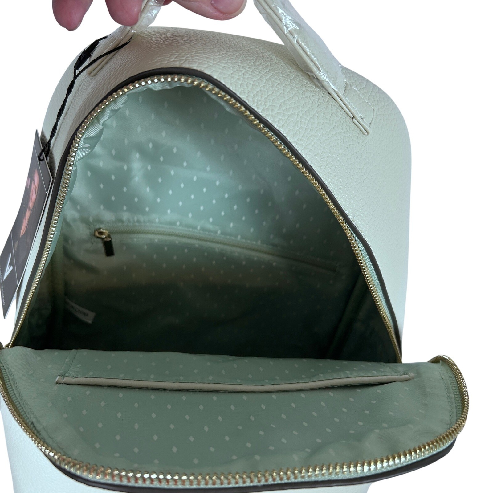 Vanessa Williams Womens White Pebble Leather Mini Backpack V Logo Front Zip