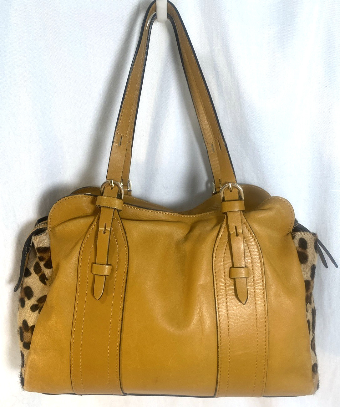 A Bellucci Handbags Leather & Pony Hair Satchel Golden Honey Brown Double Handle