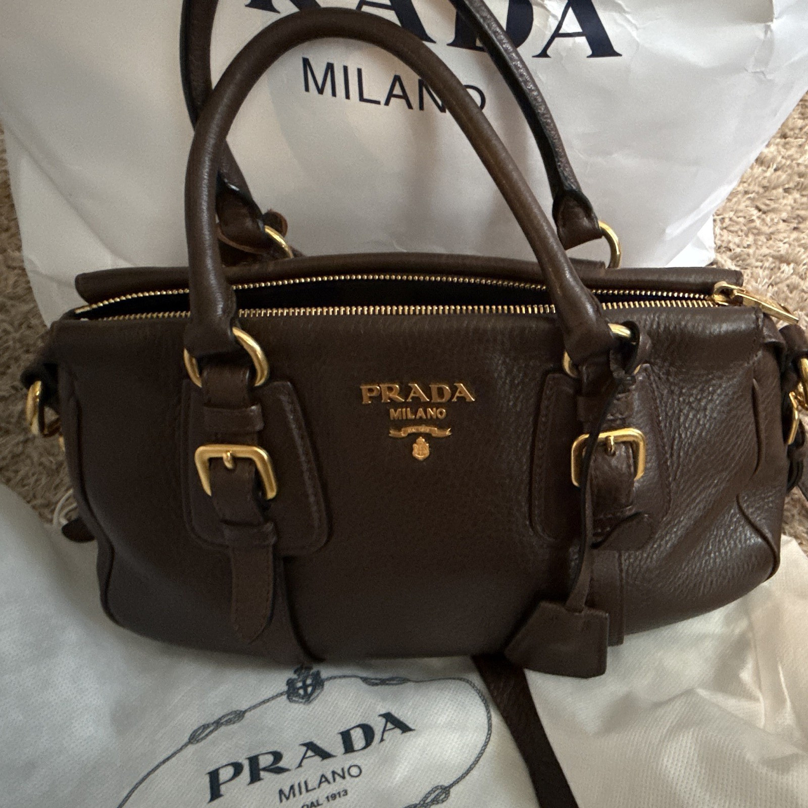 PRADA Milano Brown Pebbled Satchel Top Handle Zip Gold Hardware Dust Bag
