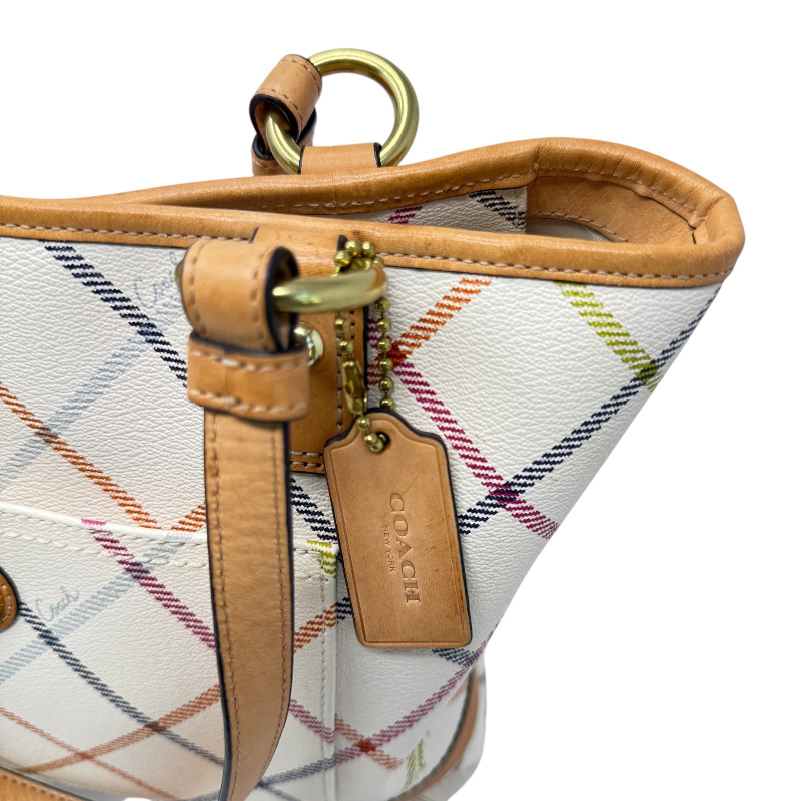 Coach Peyton Multi-Color Tattersall Plaid Coated Canvas with leather trim 14×10