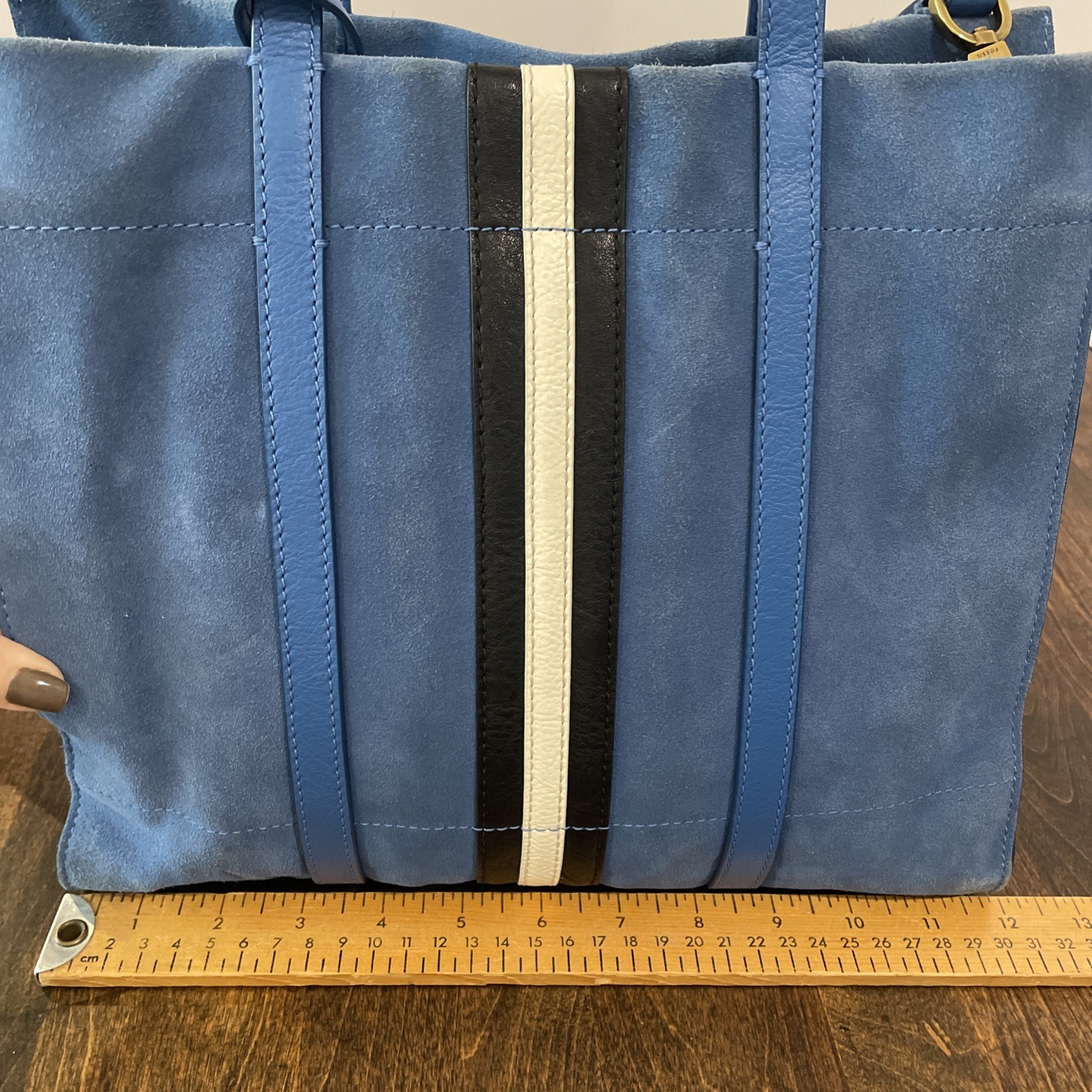 Fossil Carmen Shopper Blue Suede Leather Tote Bag