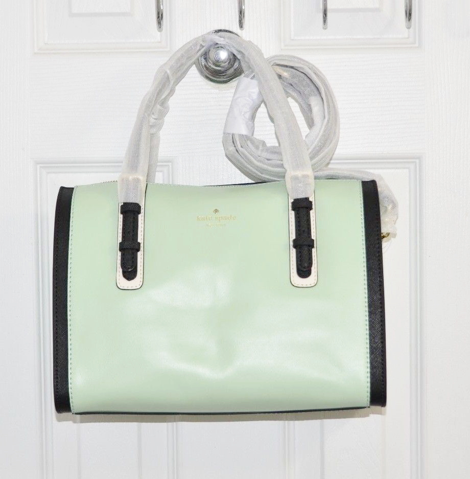 Kate Spade Satchel Kinslow Bedford Square Bag Leather Mocha, Pastel Green