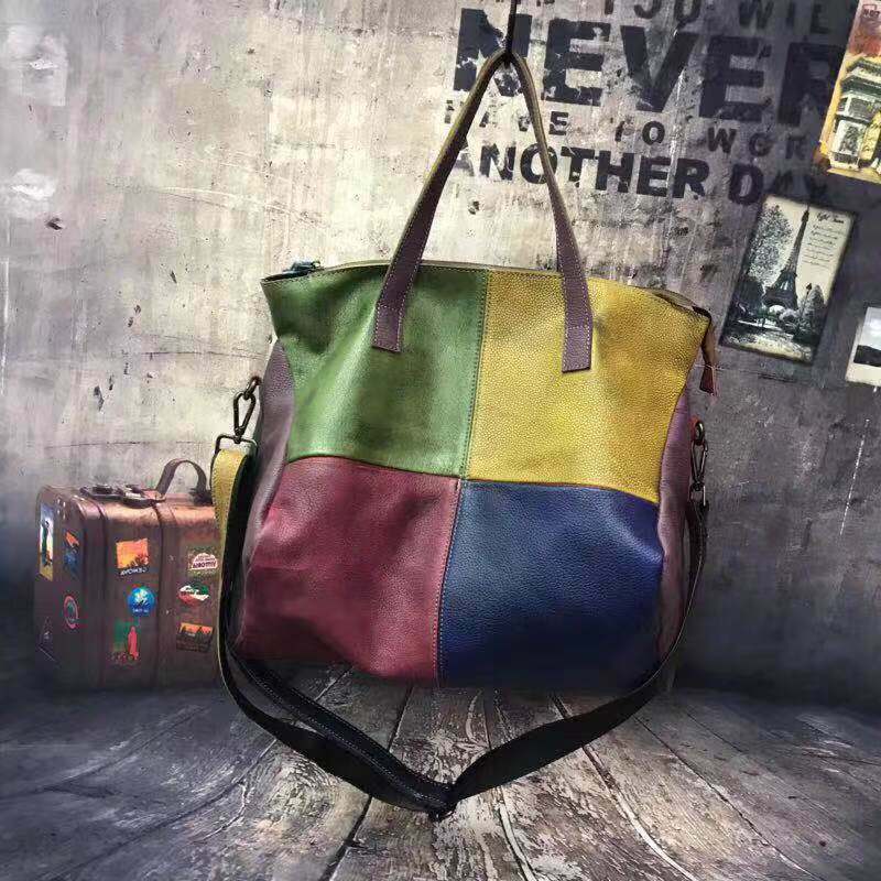 Multi-color Tote Handbag Genuine Leather Colorful Large Tote Bag For Women