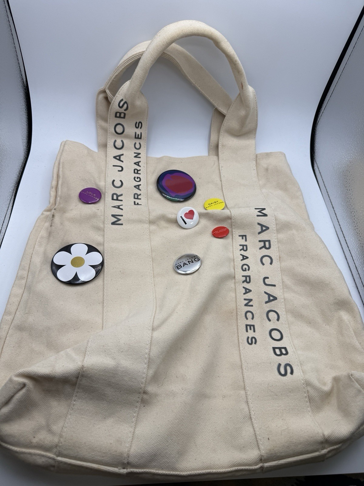 Marc Jacobs Fragrances Canvas Beige, ￼w/Buttons Tote Bag Purse Handbag