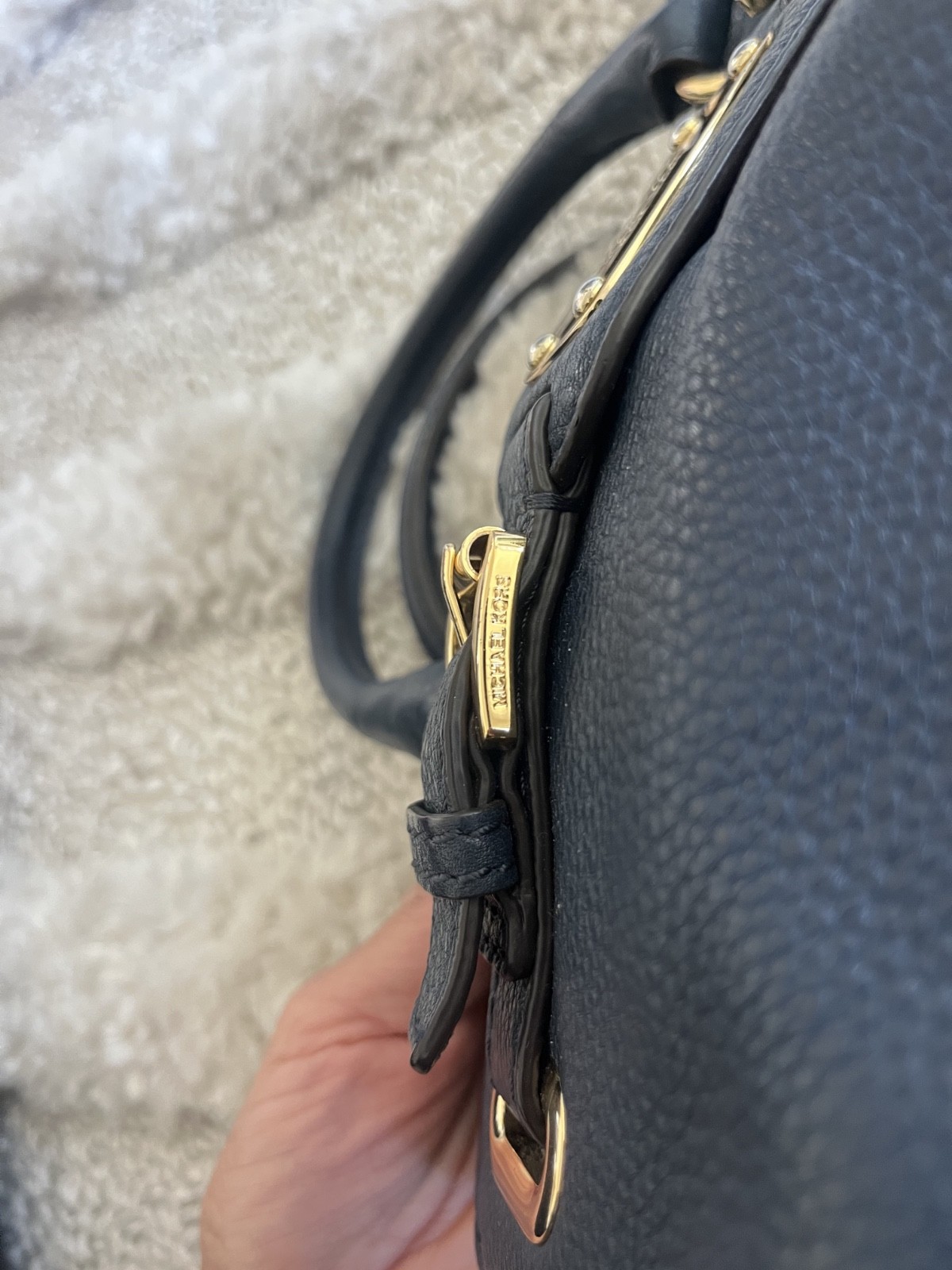 MICHAEL KORS “Hamilton” Steel Blue Pebbled Leather Satchel Bag Crossbody strap