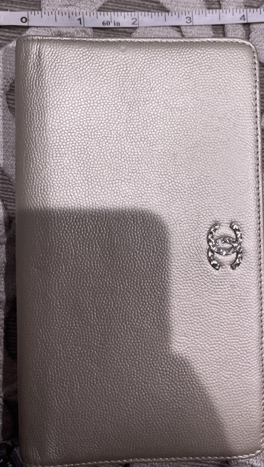 Pre-owned CHANEL Metallic Gold Caviar Leather Crystal Flap Wallet With Chain