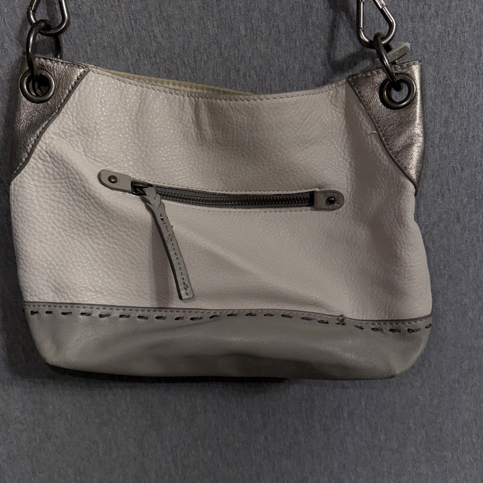THE SAK Indio Leather Bucket Shoulder Purse Demi Hobo Bag Cream/Stone