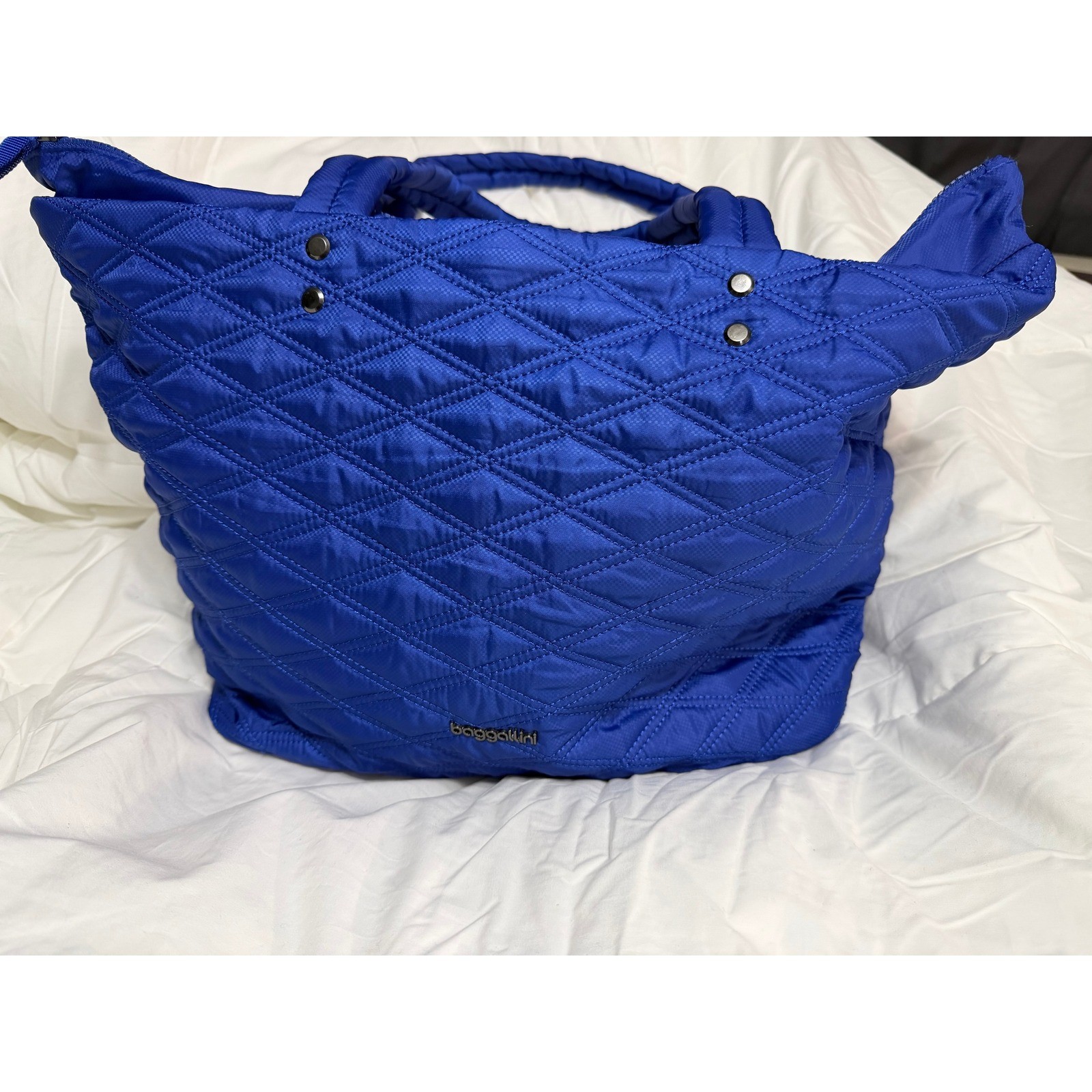 Baggallini Quilted Tote Bag Cobalt Blue Nylon Zip Top Travel Work Shoulder Bag