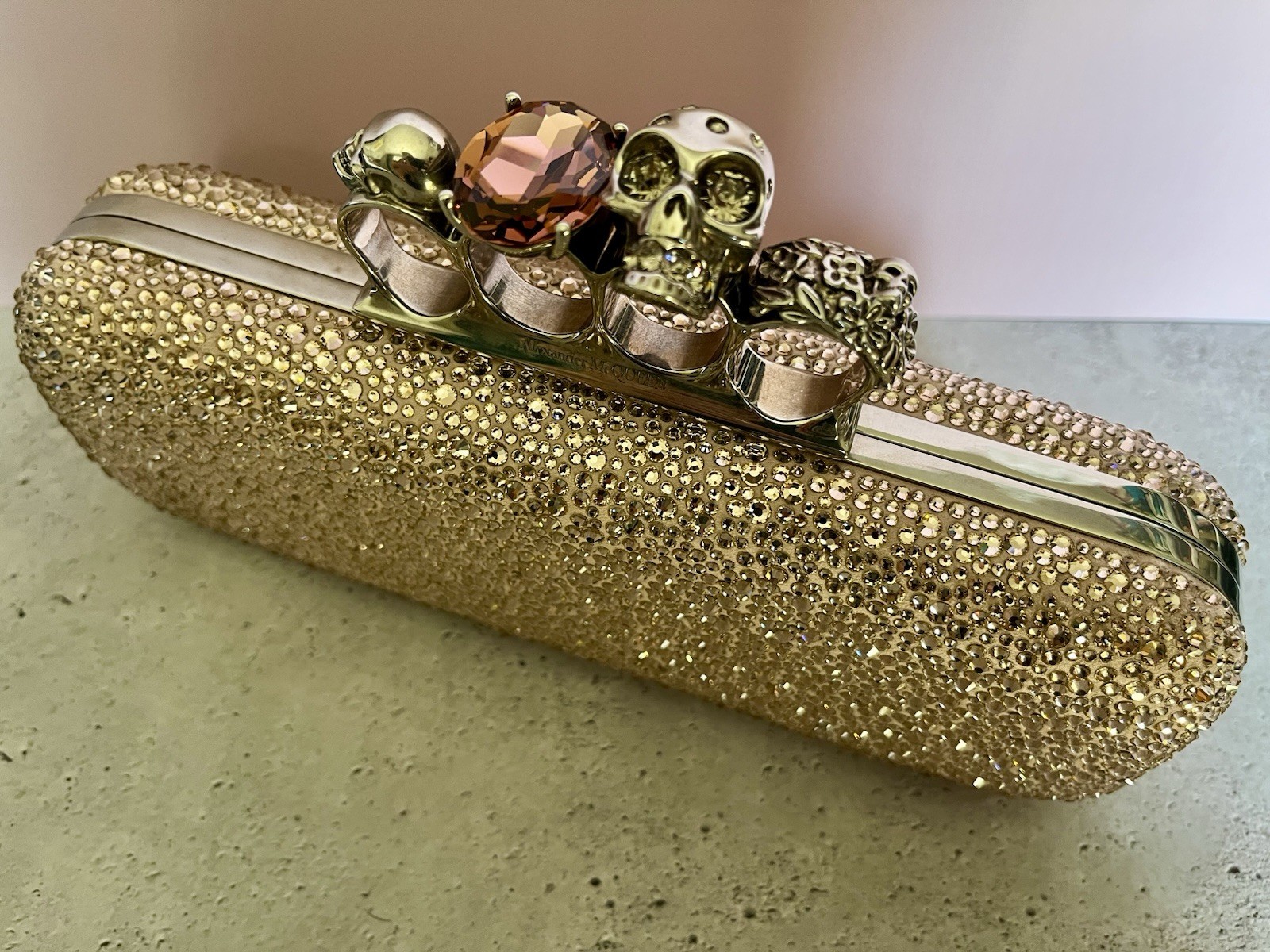 Alexander McQueen Gold Crystal Skull Knuckle Duster Clutch Party Formal