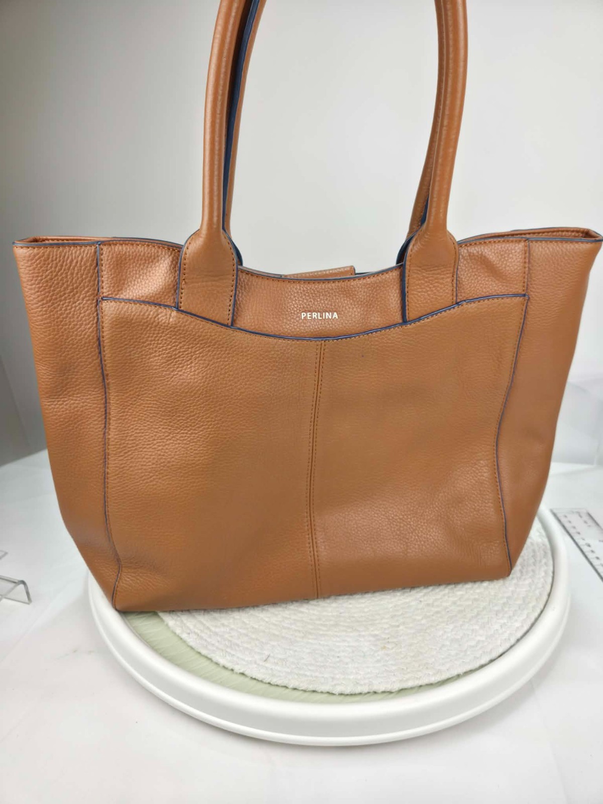 Perlina Leather Tote Bag Brown Pebbled Shoulder Handbag Blue Trim Large
