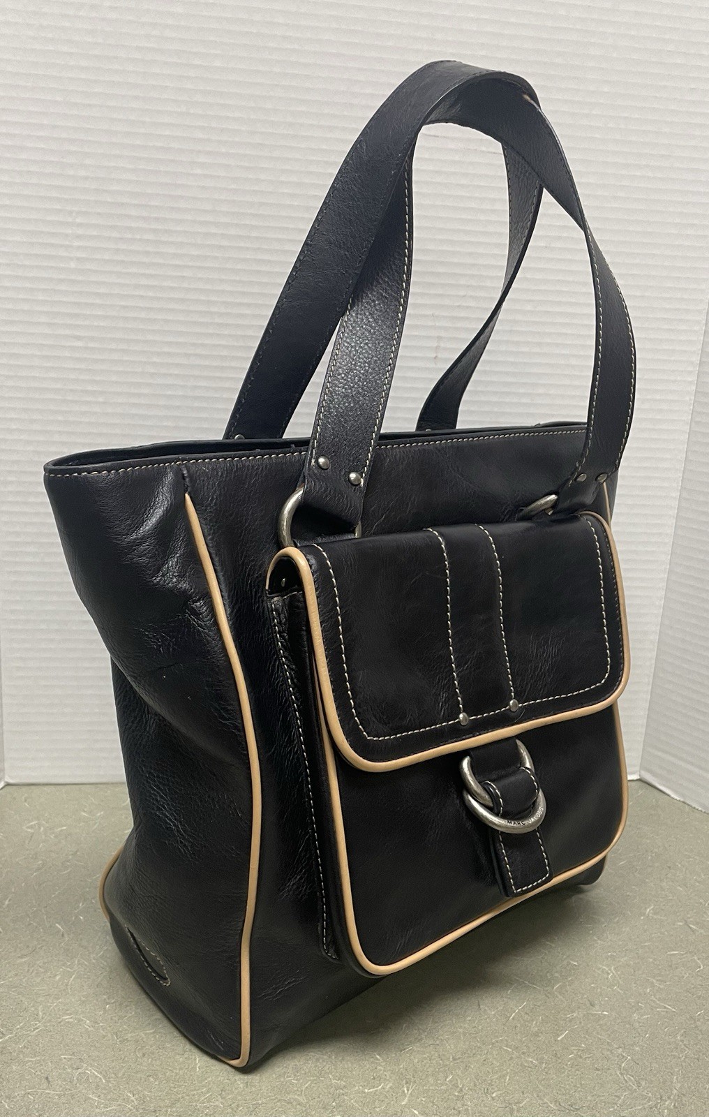 Vtg Marc Jacobs Black Leather Contrast Piping Shoulder Handbag D Ring Buckle Y2K