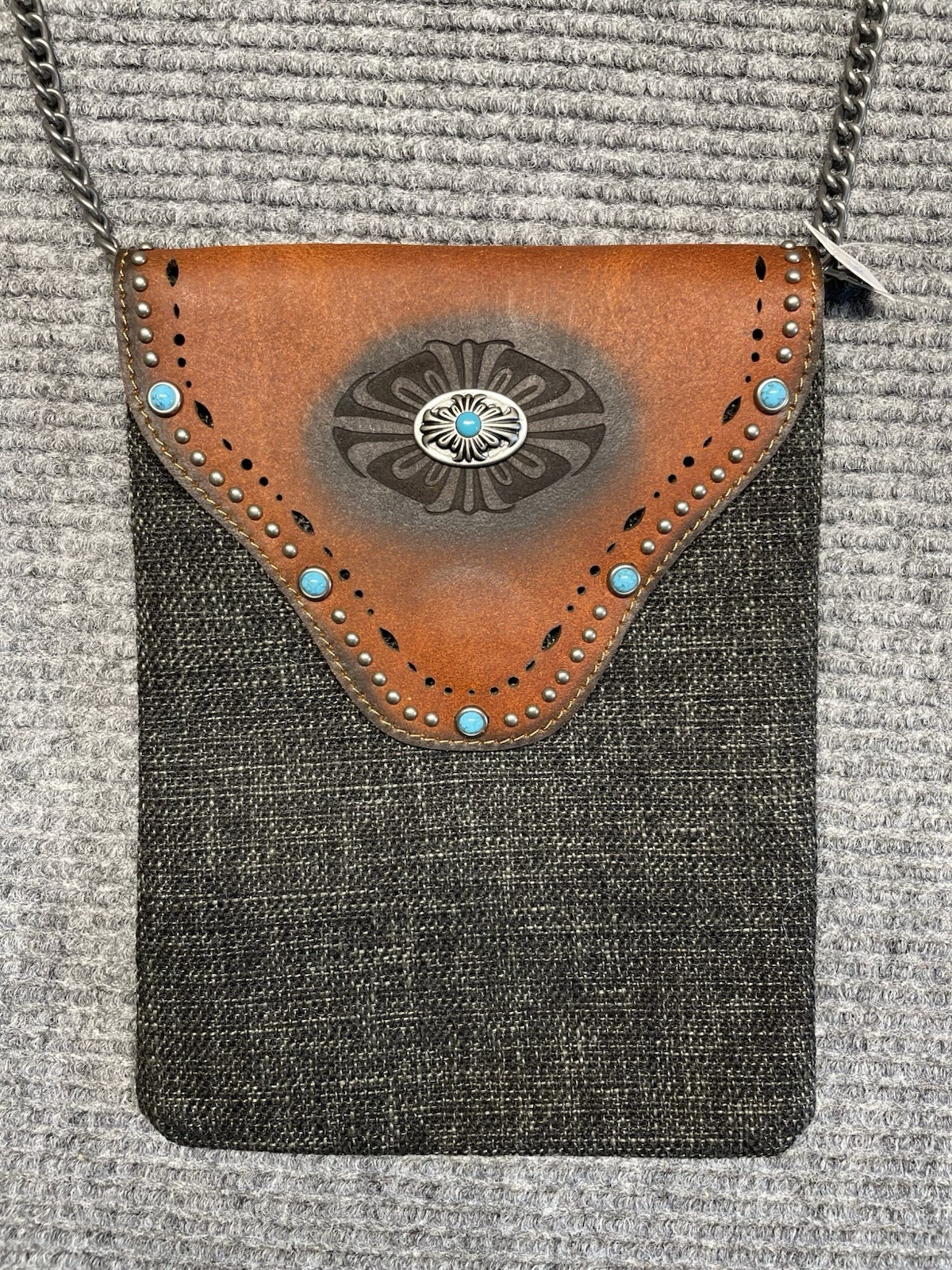 Boho-chic Western Tweed Crossbody Purse Faux Leather Trim Studs Turquoise Concho