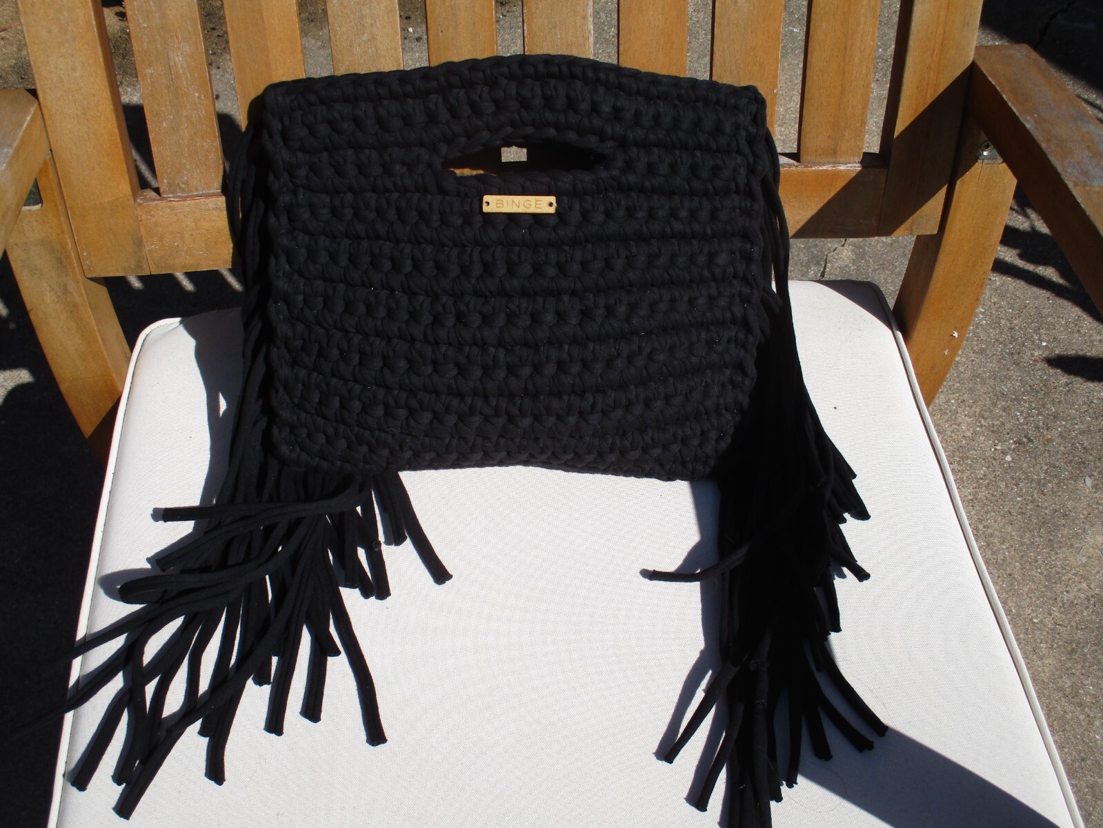 Meadow Collective Bag Binge Knitting Clutch Black Side Fringe NWT 10.5 x 12 Boho