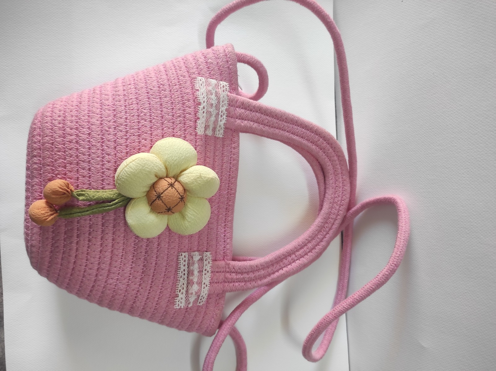 Handmade Pink Woven Cotton Rope Tote Bag Floral Lace Purse for Women Girls