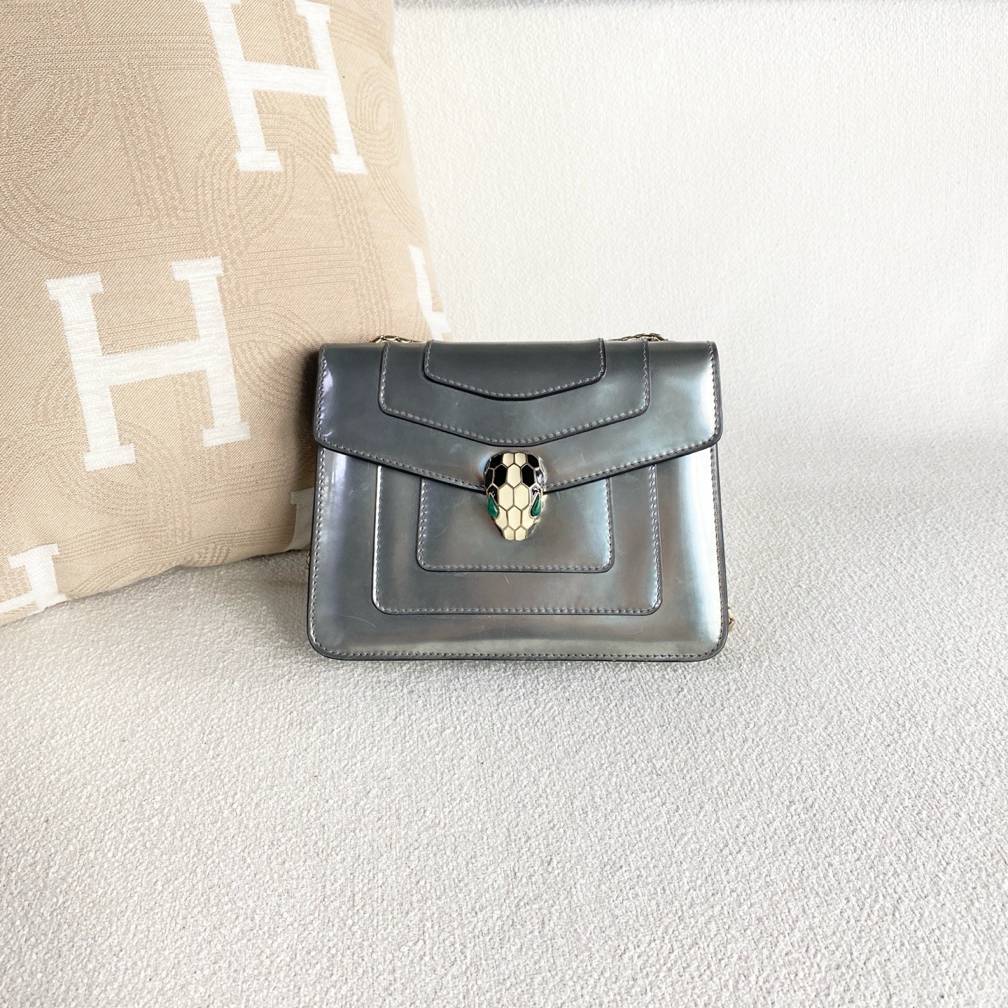 Bvlgari Serpenti Forever Small Flap Crossbody Metallic Silver Patent Leather Bag