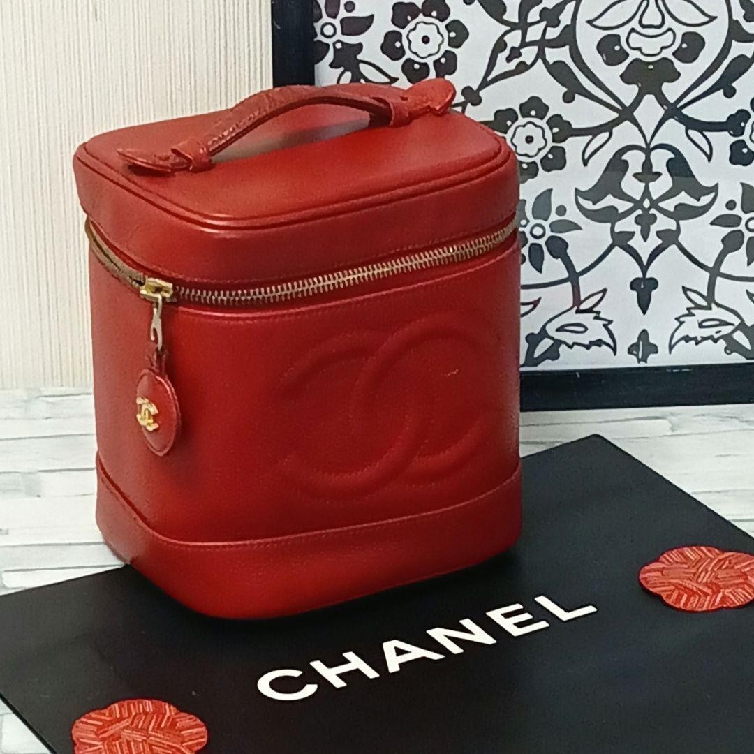 CHANEL CC Logo Red Caviar Leather Vanity Bag Cosmetic Case Gold HW Auth