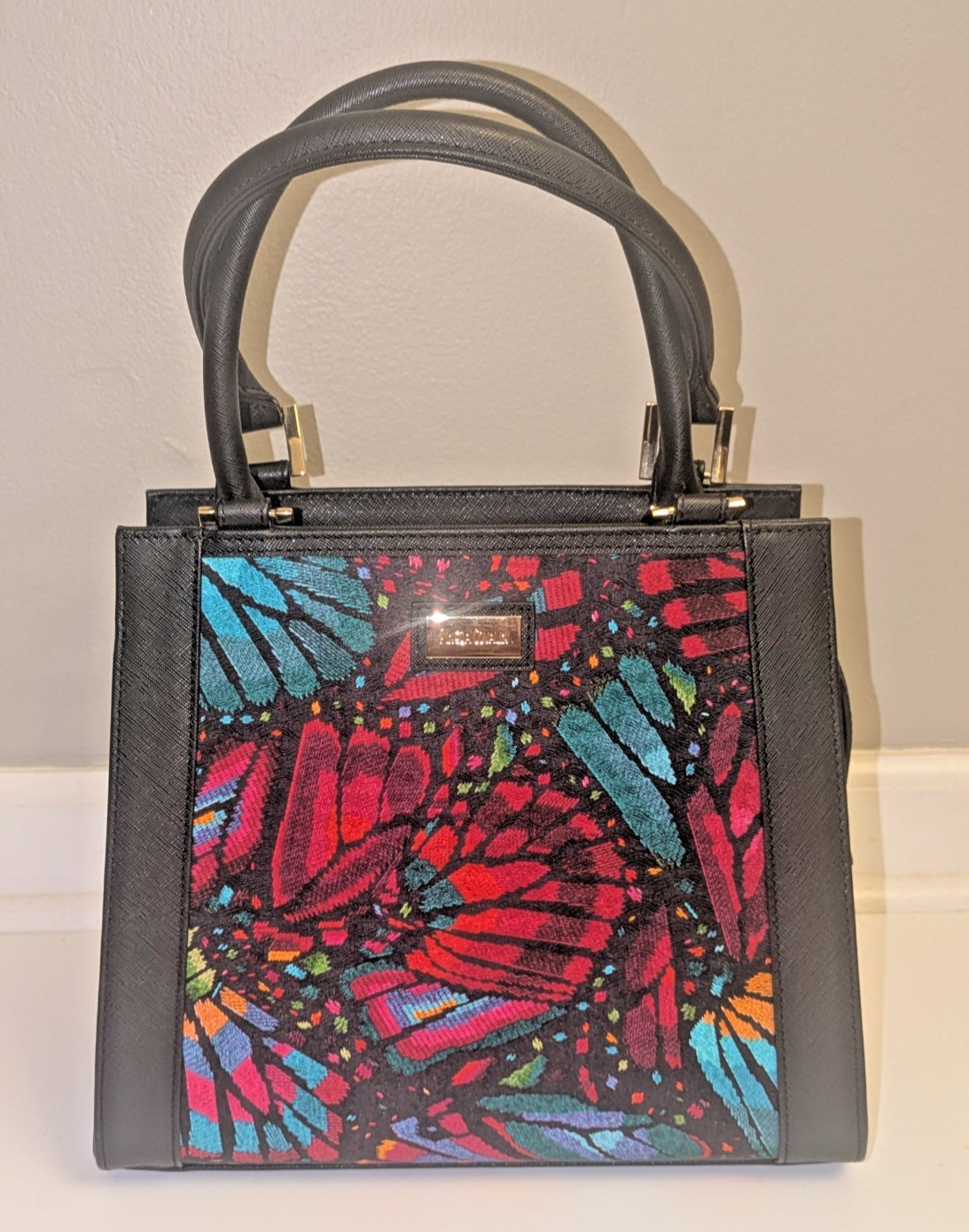 Pineda Covalin Leather Hand Bag Yaab Silk Embroidered Butterfly Purse.PRISTINE!