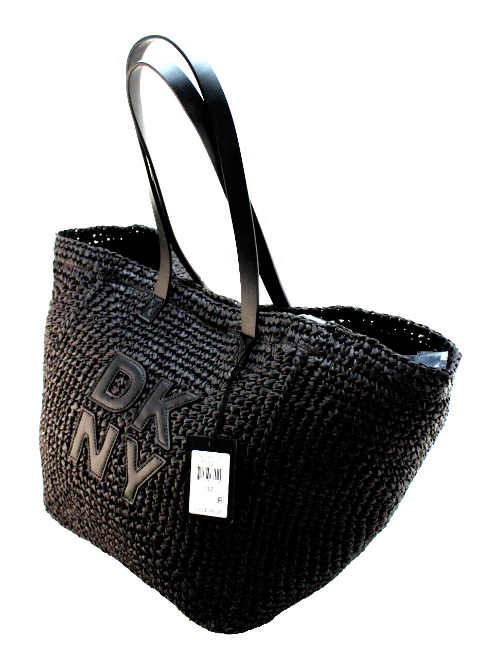 New DKNY Paloma Black Natural Weave with Stitched Logo Large Tote Bag MSRP $148