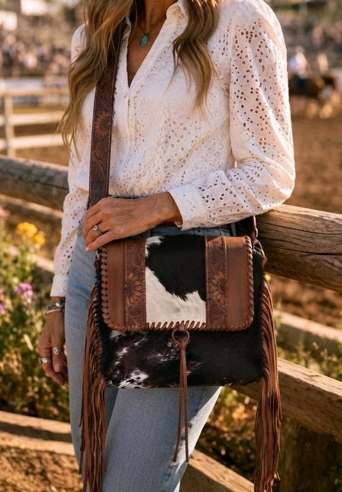 Myra Bag Cowhide & Hand Tooled Leather Crossbody Western Fringe Adjustable Strap