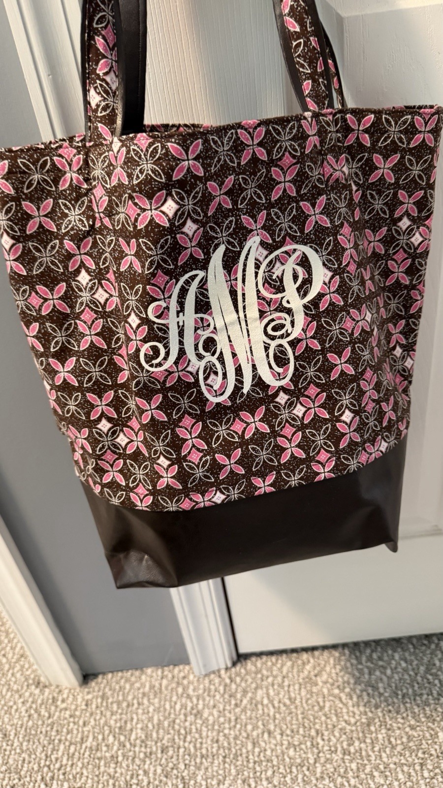 Women’s Black Pink White Floral Monogram Tote Bag Initials MP