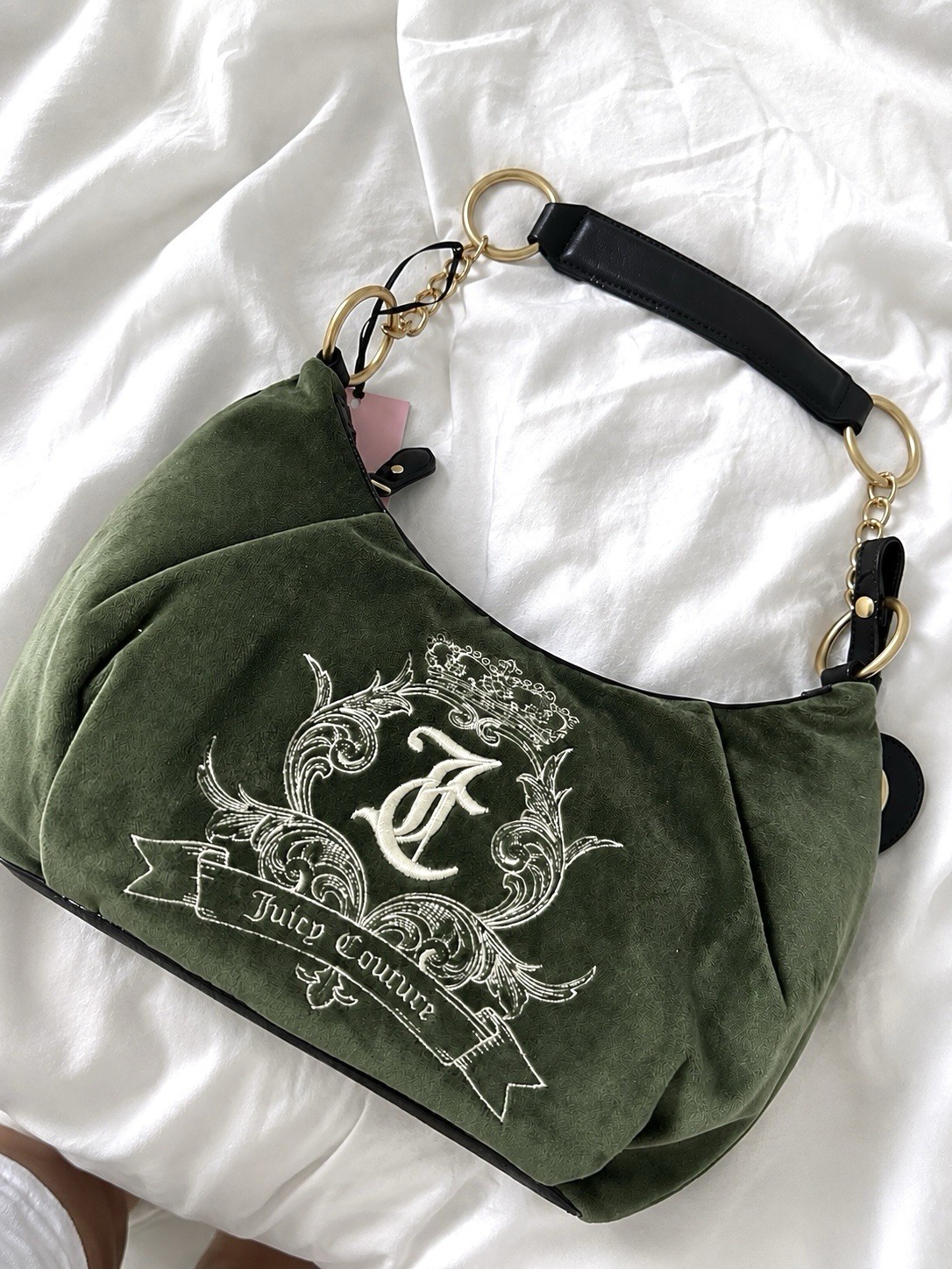 Authentic Y2K Juicy Couture Green Crescent Shoulder Bag Embroidered Logo Chain