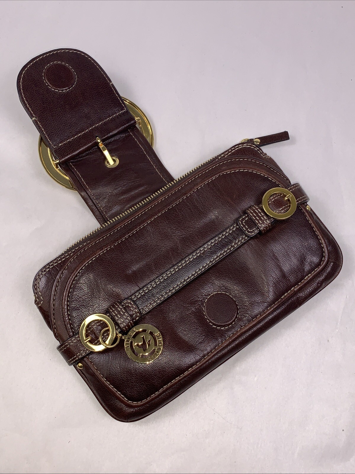 Juicy Couture Patent Leather Brown Clutch Handbag Purse Gold Buckle Stripe Mint