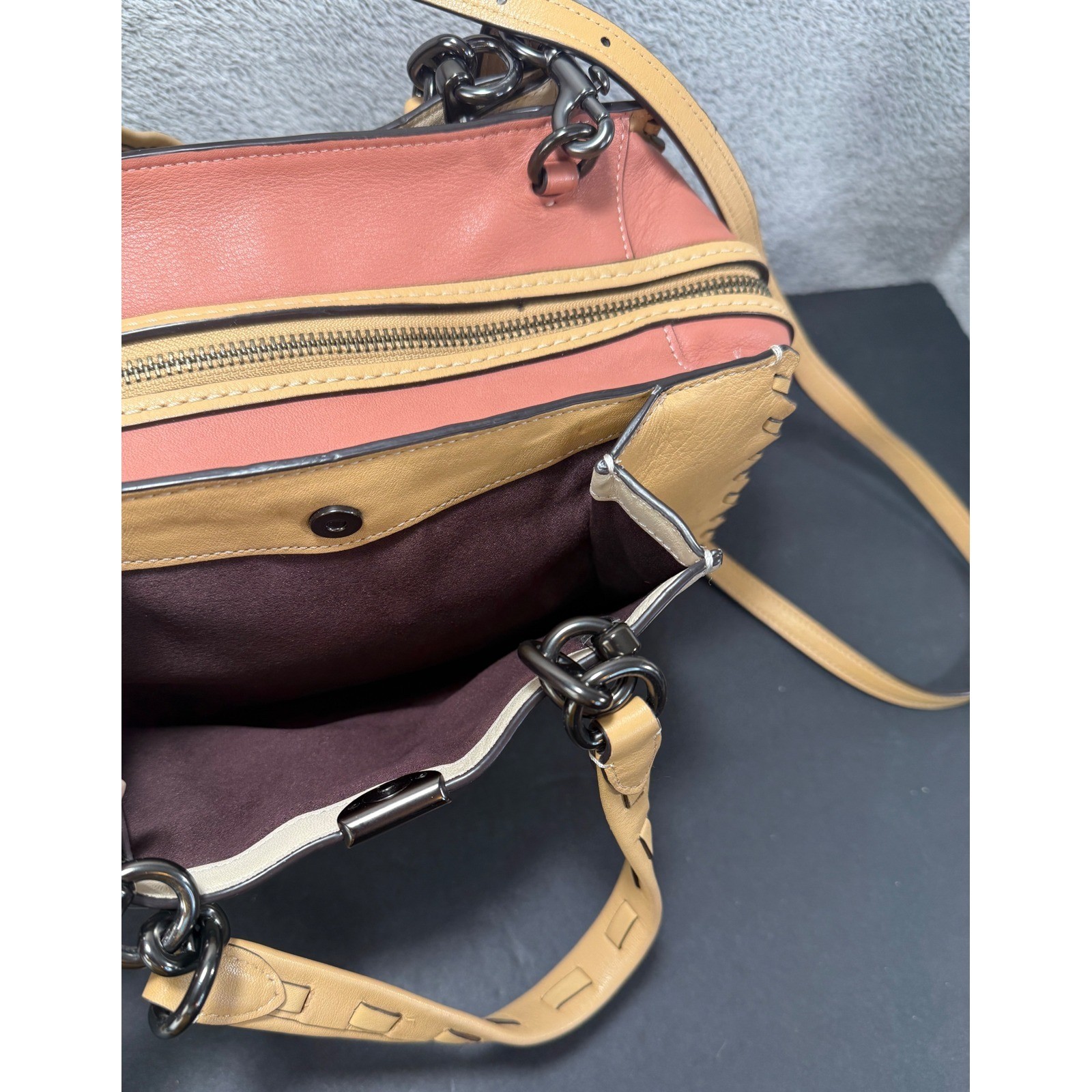 Coach Dreamer 21 Satchel Women Small Cream Tan Pink Whipstitch Leather Handbag