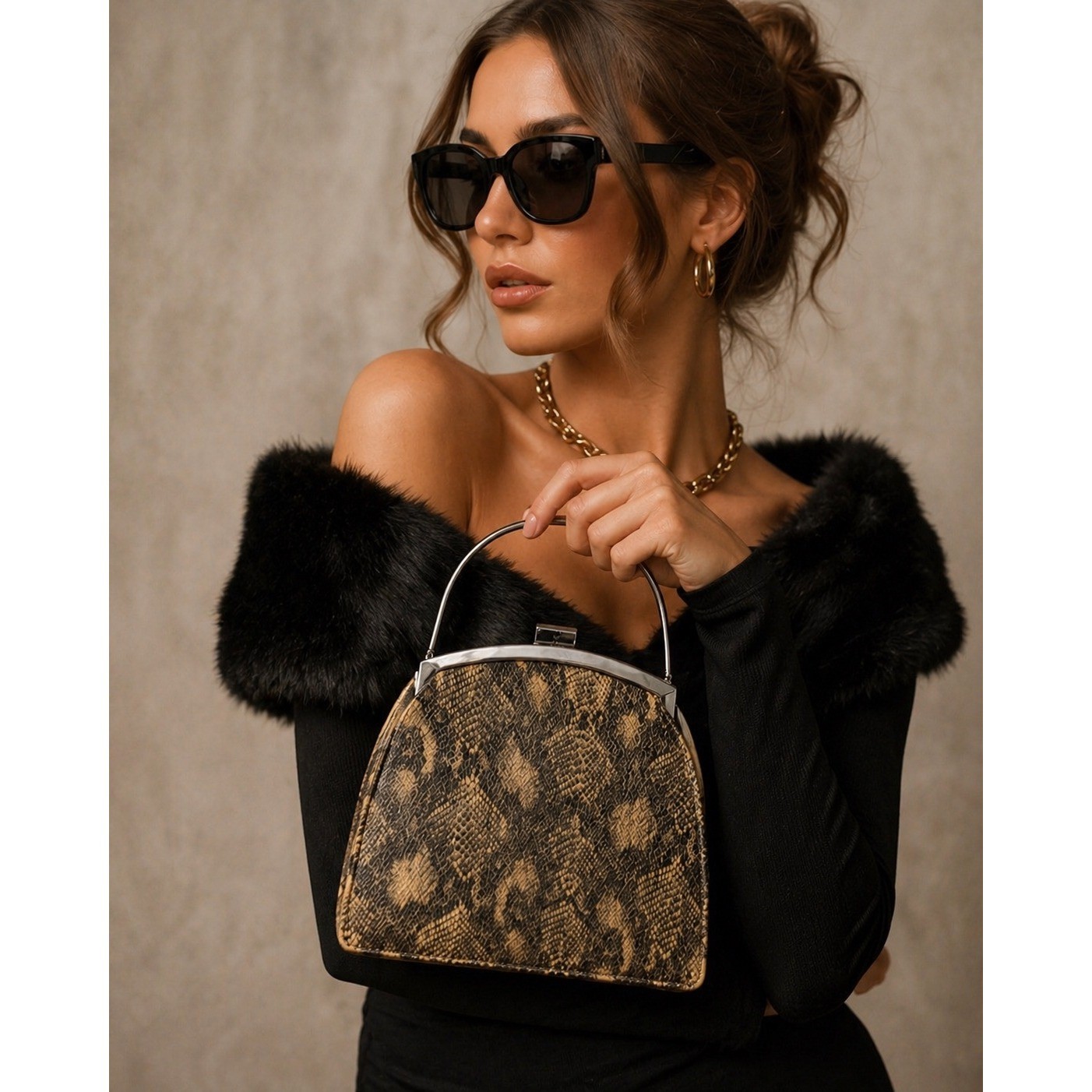 Vintage Snake Print Handbag Top Handle Clutch Old Hollywood Glam Evening Bag