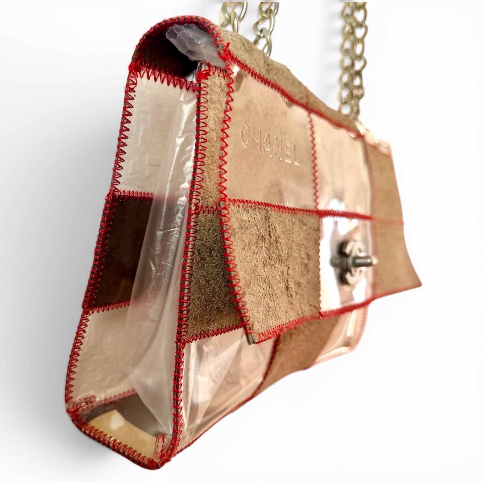 CHANEL Matelasse Patchwork Flap Chain Shoulder Bag PVC Vinyl Suede RED Stitch MC