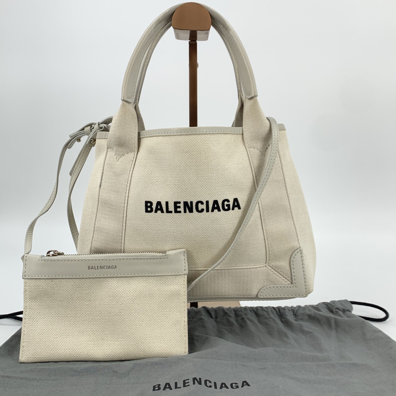 BALENCIAGA 2way Navy Cabas XS Handbag Shoulder Bag Canvas Pouch White Gray Auth