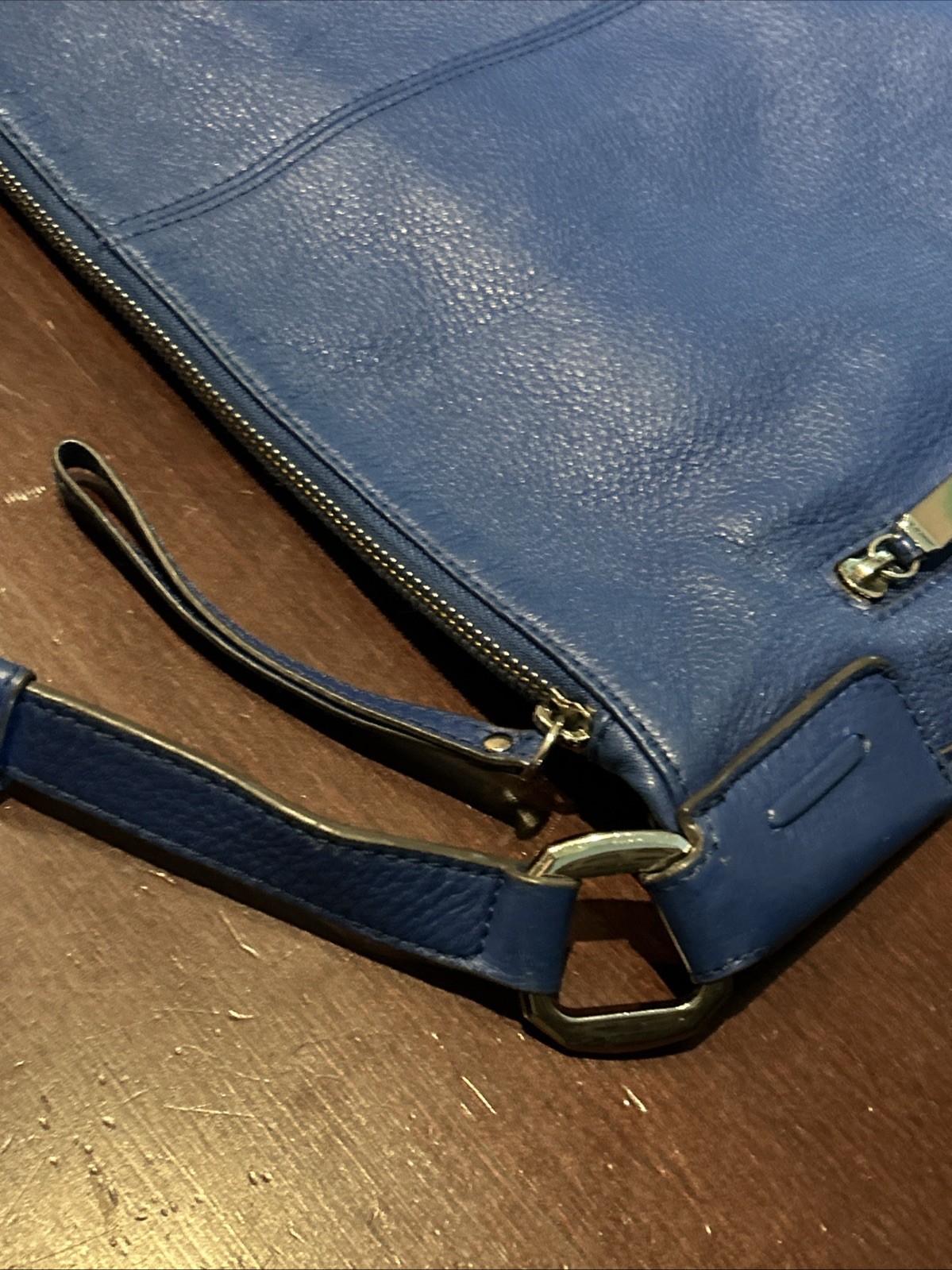 B. Makowsky Cobalt Blue Pebbled Leather Hobo Shoulder Bag Silver Zipper Accents