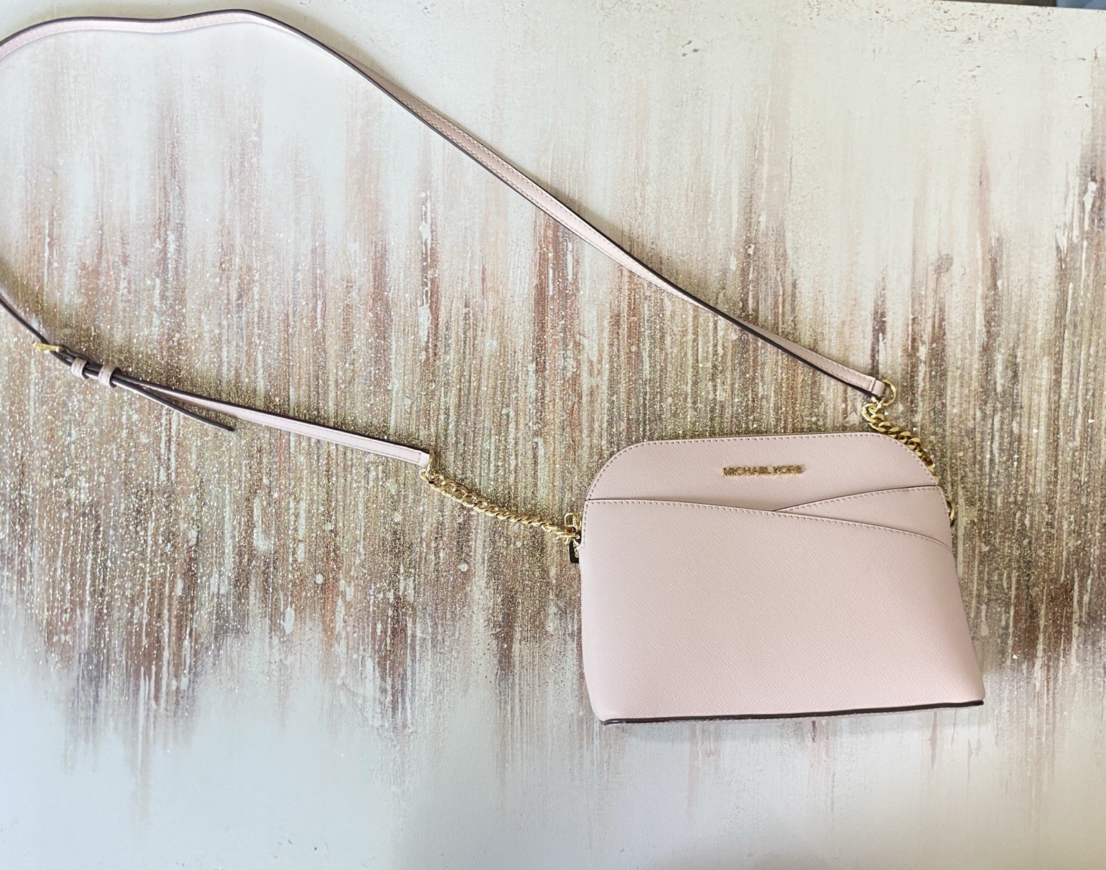 Michael Kors Staffiano Leather Shell Crossbody Bag Blush Pink Gold Chain