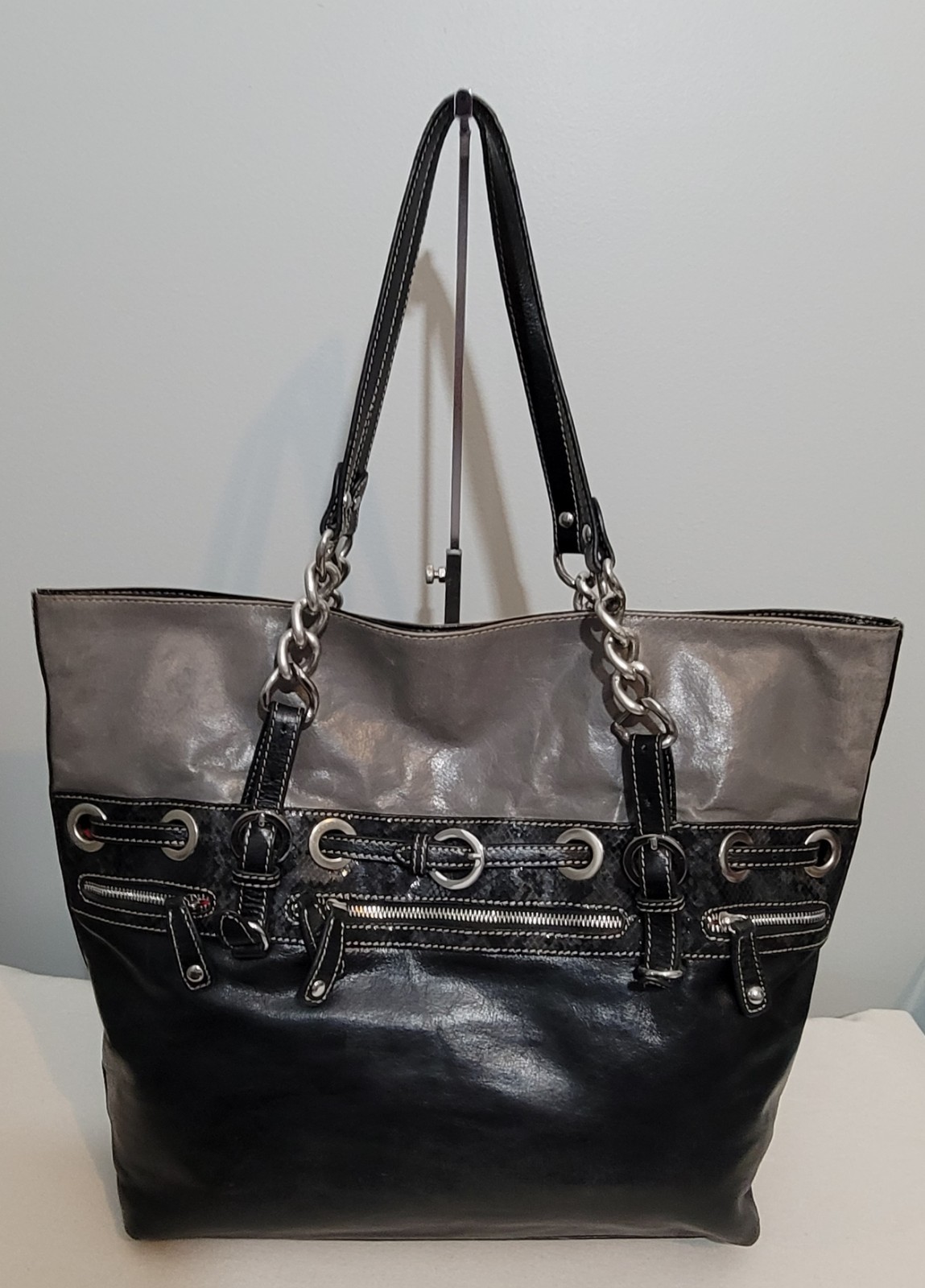 Aqua Madonna Black Leather Tote Bag Purse Chain Accent Shoulder Purse Read