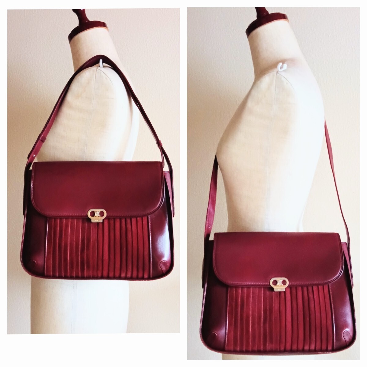 Vintage Celine Leather Shoulder Bag Bordeaux Gold Turn Lock Adjustable Strap 76