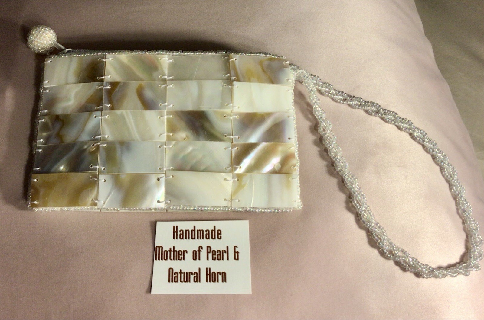 Mod by Design Mother of Pearl Zip Wristlet W/ Braided Beaded Handle NWOT