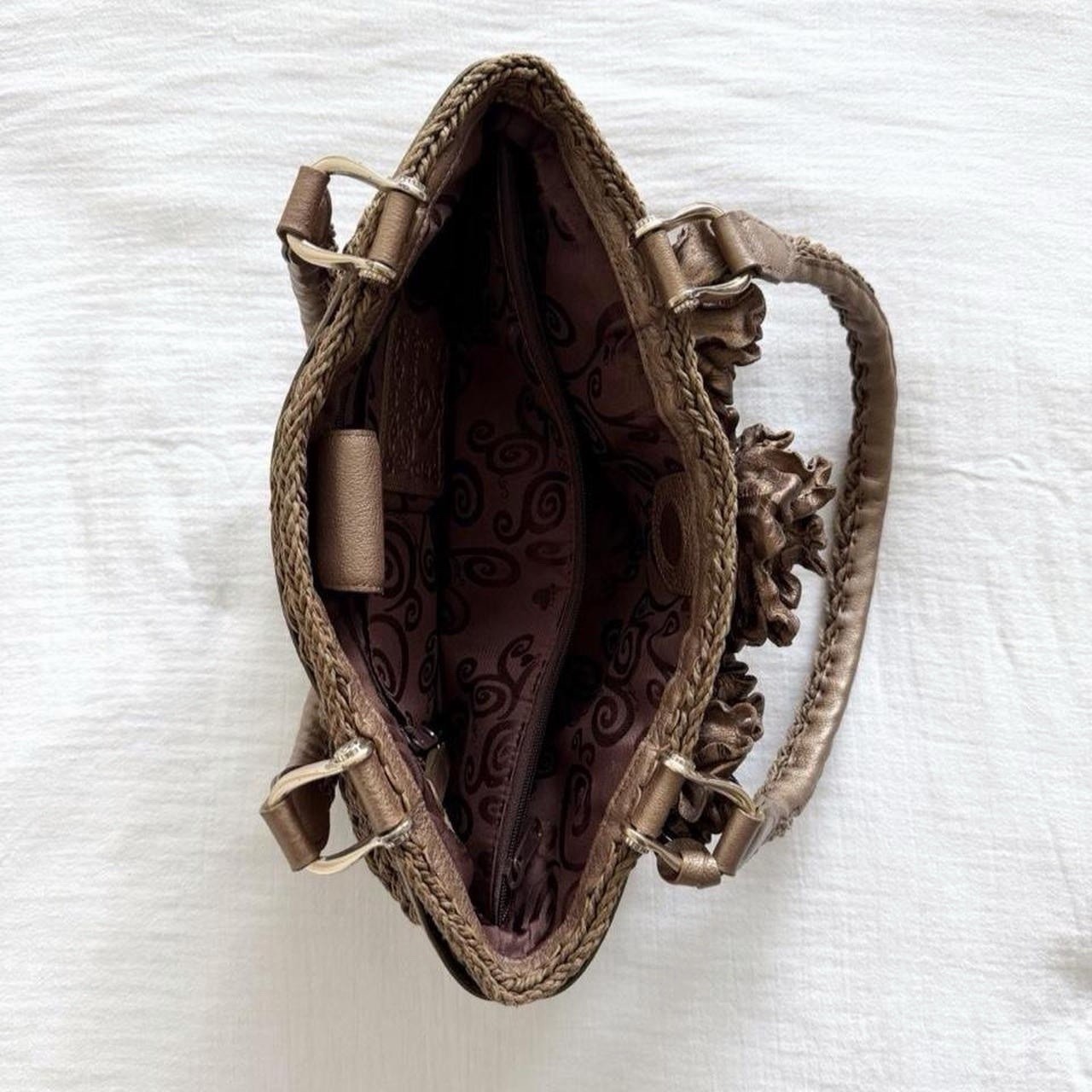 Y2K Brighton Brown Woven Shoulder Bag w/ 3D Flowers
