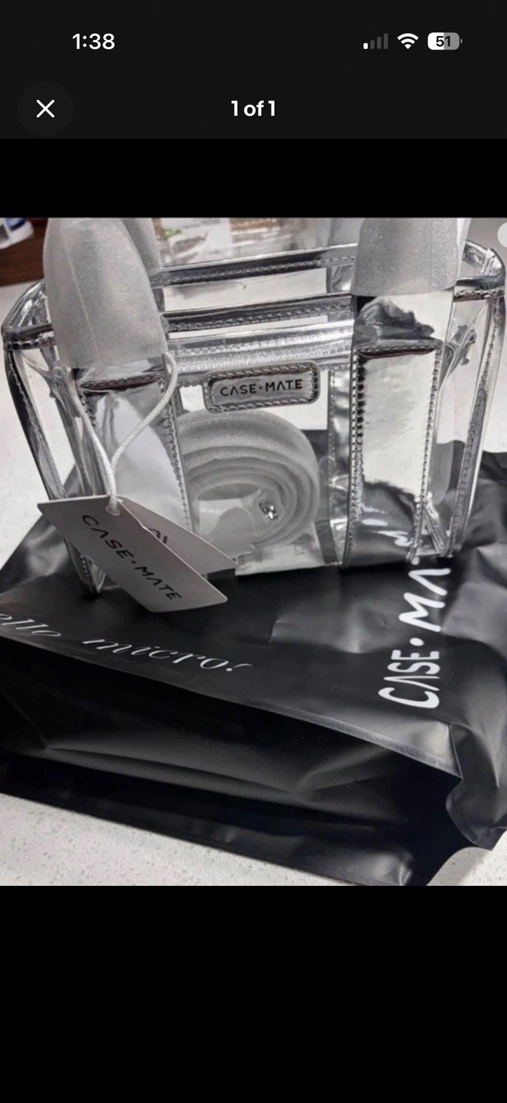 Case-Mate Clear/Silver Tote Bag Detachable Crossbody Strap Double Handles