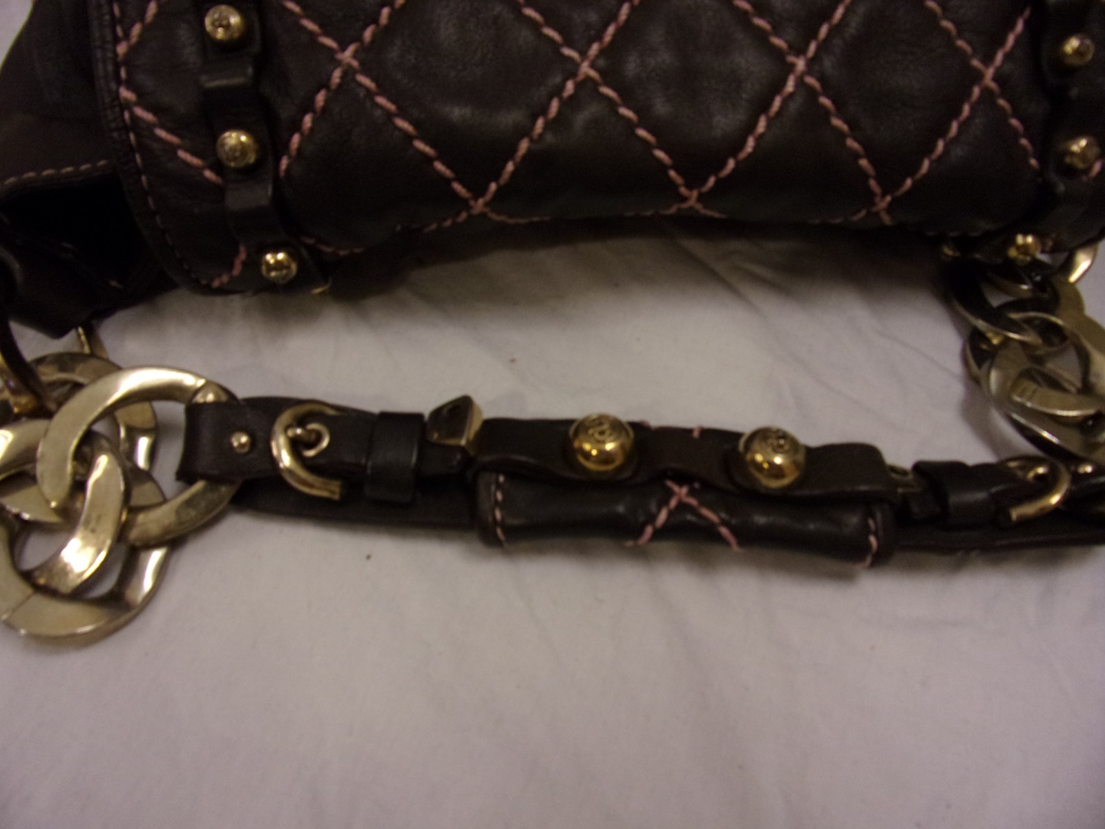 Vintage Y2K Juicy Couture Brown Leather Pink Stitch Quilted Hobo Studded Bag