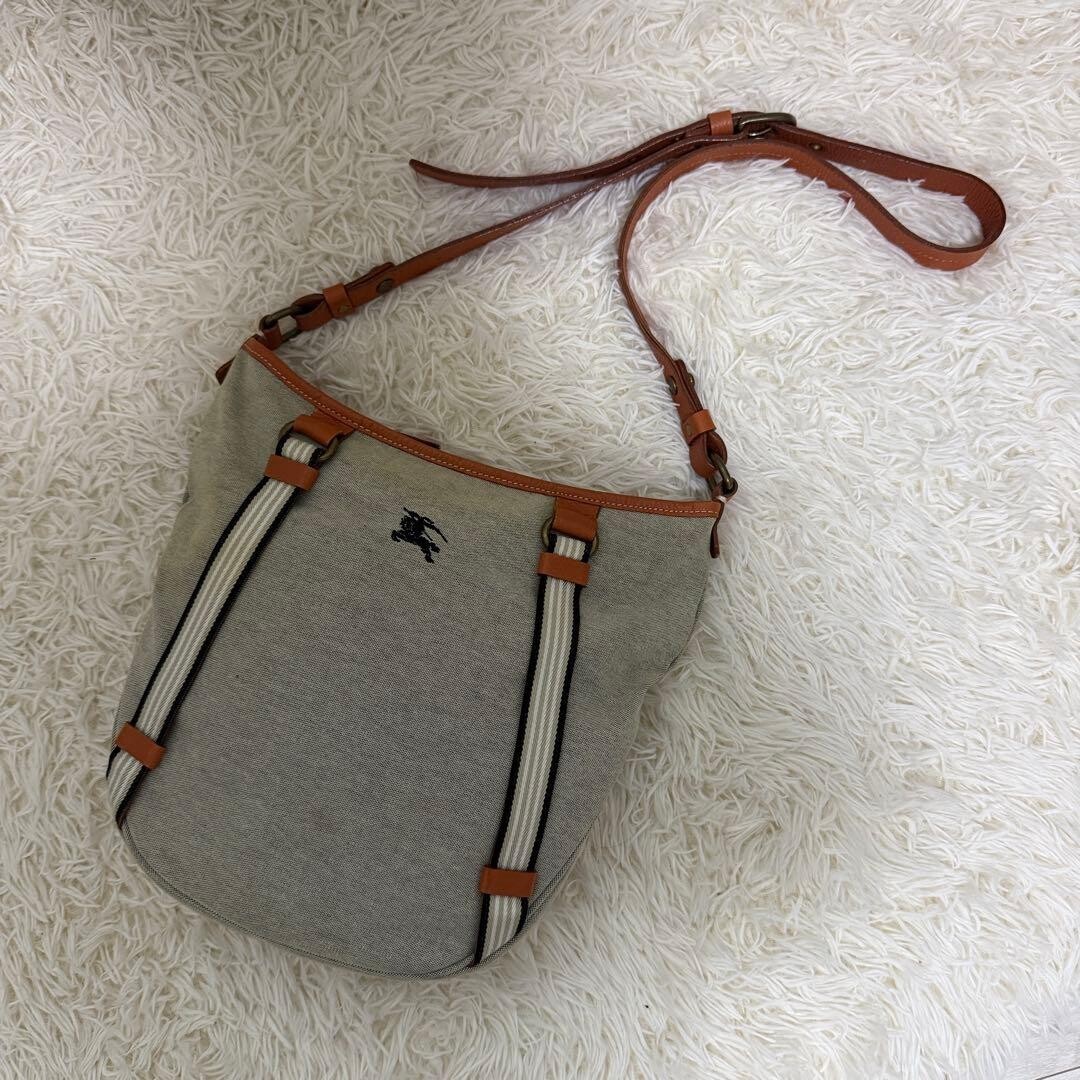Burberry Blue Label Gray Canvas Leather Horse Logo Shoulder Bag Womens 260733Y